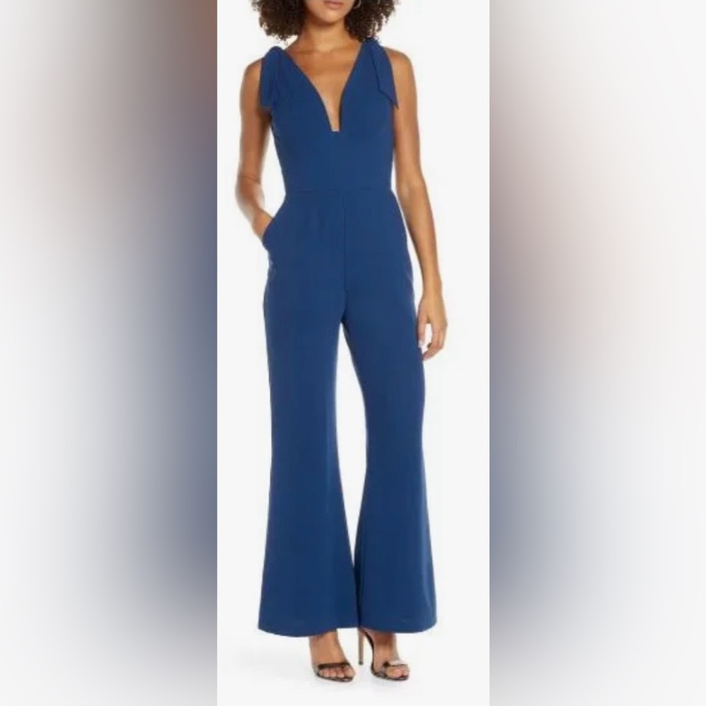 Harlyn Jumpsuit Wide Legs w/ Bow Tie Shoulder Straps Low Cut in blue Size XS NWT